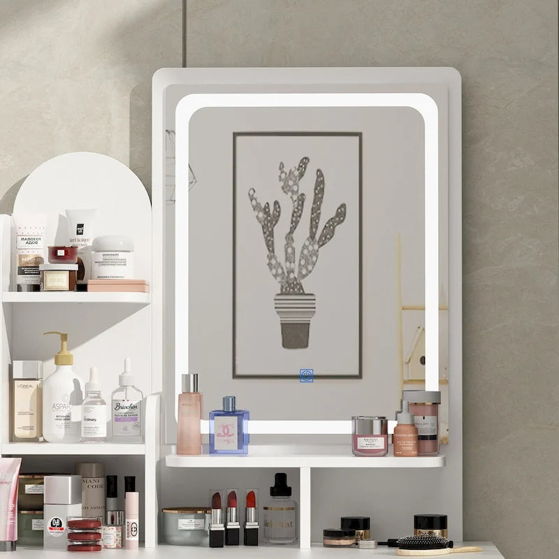 Ensemble coiffeuse avec miroir lumineux, étagères et tiroirs de rangement, blanc - 80 cm (L) x 40 cm (l) x 140 cm (H)