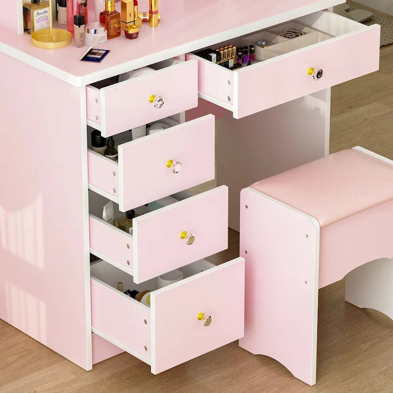 Ensemble coiffeuse avec miroir lumineux, étagères et tiroirs de rangement, blanc - 80 cm (L) x 40 cm (l) x 140 cm (H)
