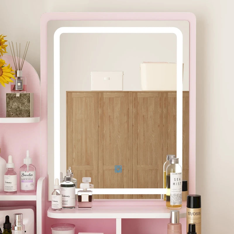 Ensemble coiffeuse avec miroir lumineux, étagères et tiroirs de rangement, blanc - 80 cm (L) x 40 cm (l) x 140 cm (H)