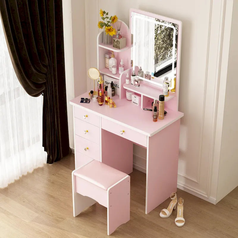 Ensemble coiffeuse avec miroir lumineux, étagères et tiroirs de rangement, blanc - 80 cm (L) x 40 cm (l) x 140 cm (H)