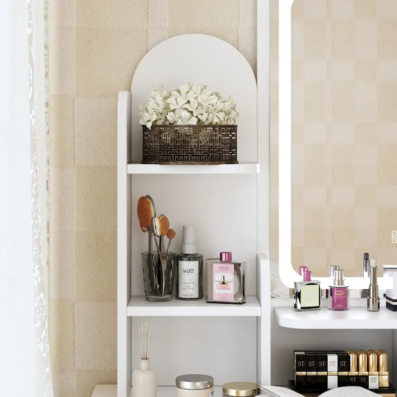Ensemble coiffeuse avec miroir lumineux, étagères et tiroirs de rangement, blanc - 80 cm (L) x 40 cm (l) x 140 cm (H)