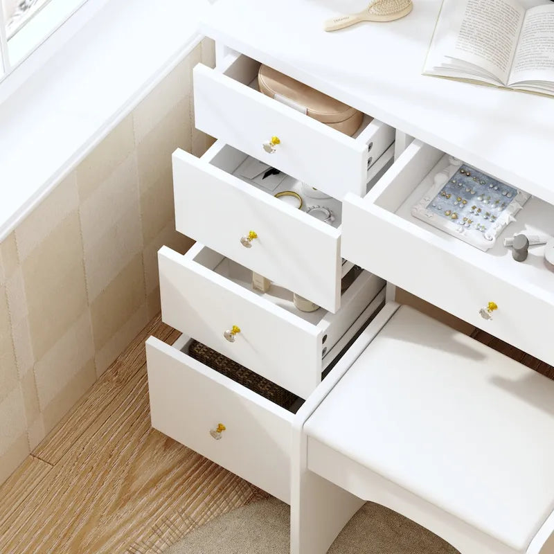 Ensemble coiffeuse avec miroir lumineux, étagères et tiroirs de rangement, blanc - 80 cm (L) x 40 cm (l) x 140 cm (H)