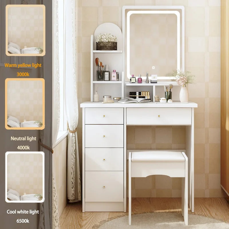 Ensemble coiffeuse avec miroir lumineux, étagères et tiroirs de rangement, blanc - 80 cm (L) x 40 cm (l) x 140 cm (H)