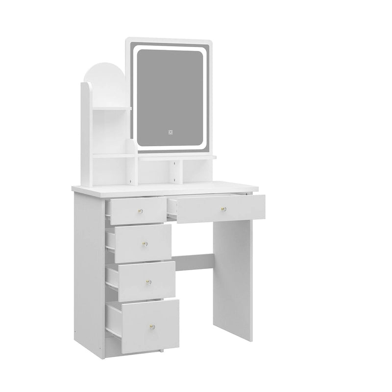 Ensemble coiffeuse avec miroir lumineux, étagères et tiroirs de rangement, blanc - 80 cm (L) x 40 cm (l) x 140 cm (H)