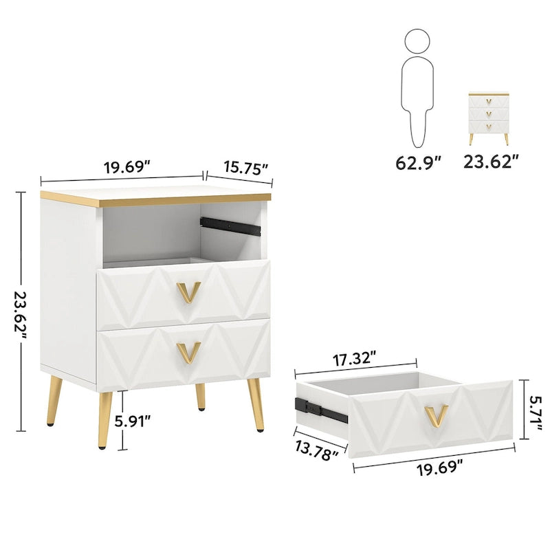 Lot de 2 tables de chevet modernes à 3 tiroirs, blanc et or, avec rangement.
