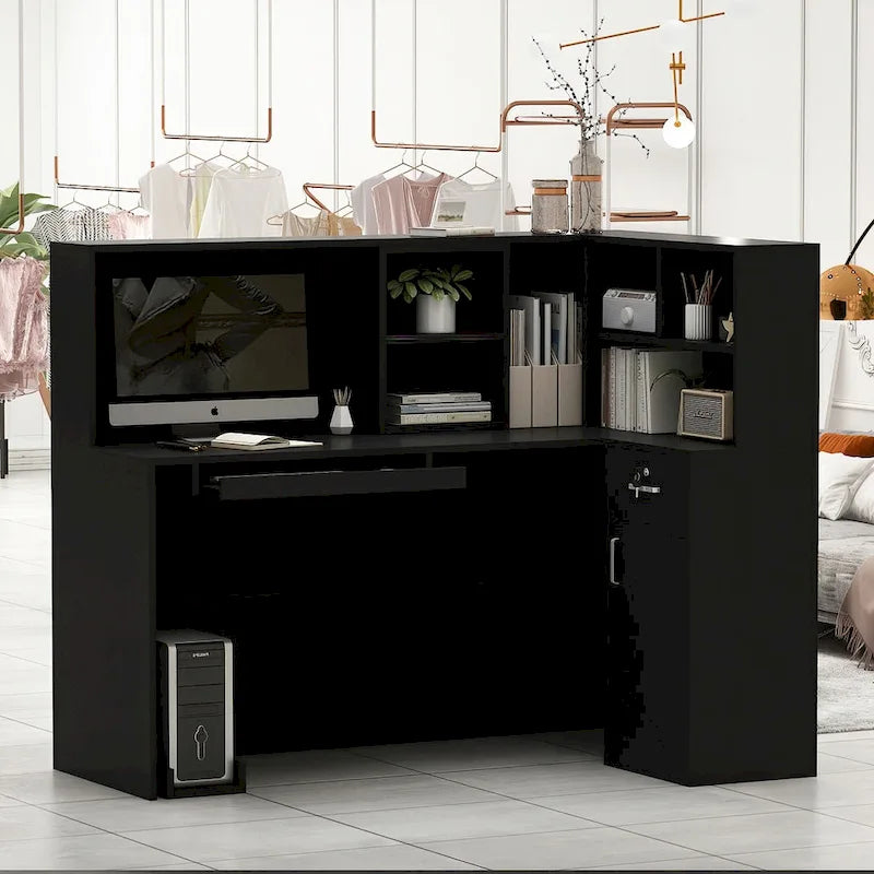 Bureau d'accueil en bois en forme de L