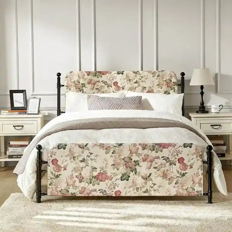 Lit plateforme en métal Diana Transitional 62 à motif floral, avec housse lavable, par HULALA HOME