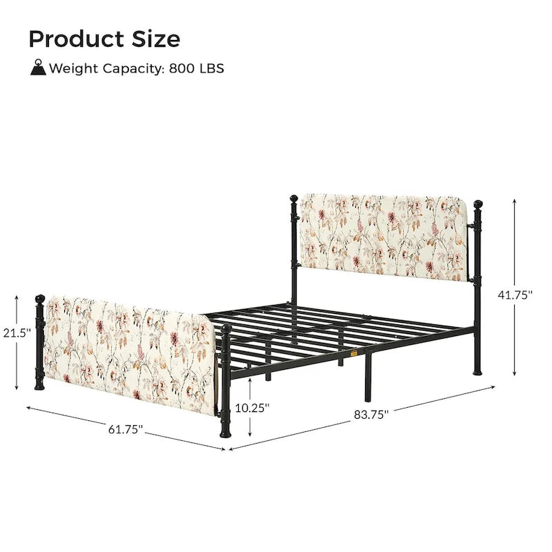 Lit plateforme en métal Diana Transitional 62 à motif floral, avec housse lavable, par HULALA HOME