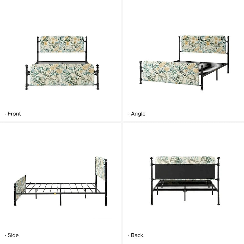 Lit plateforme en métal Diana Transitional 62 à motif floral, avec housse lavable, par HULALA HOME