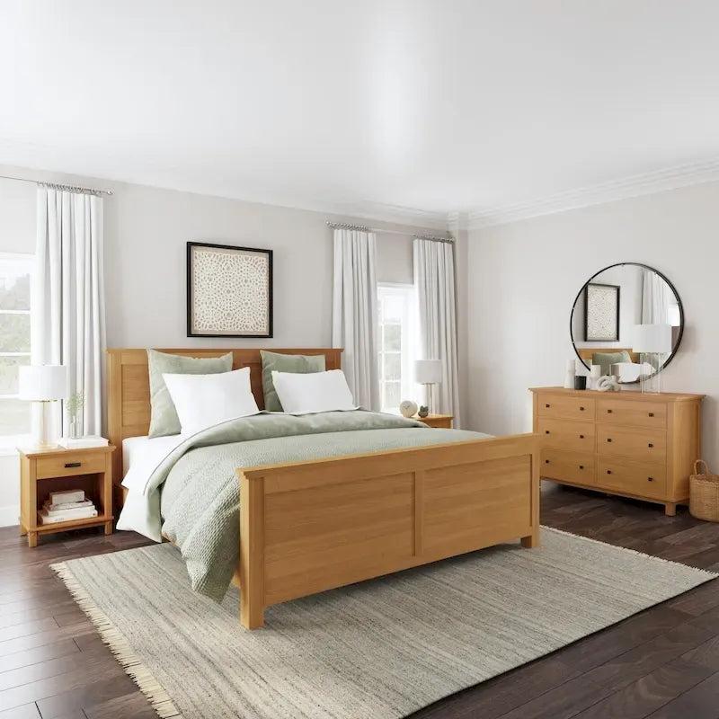 Lit King en bois brun Oak Park, deux tables de chevet et commode