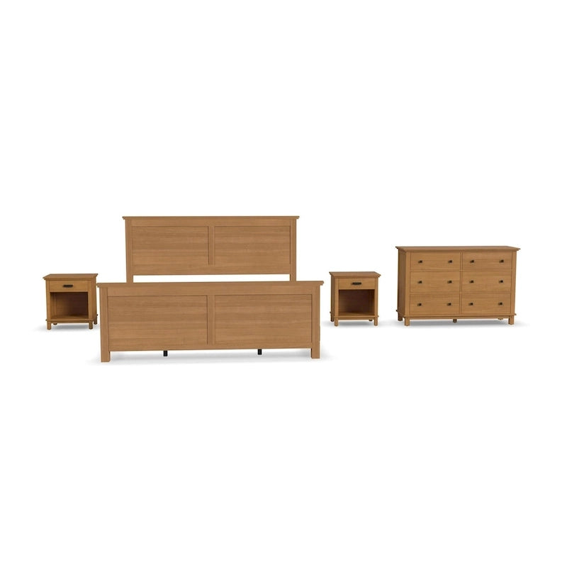 Lit King en bois brun Oak Park, deux tables de chevet et commode