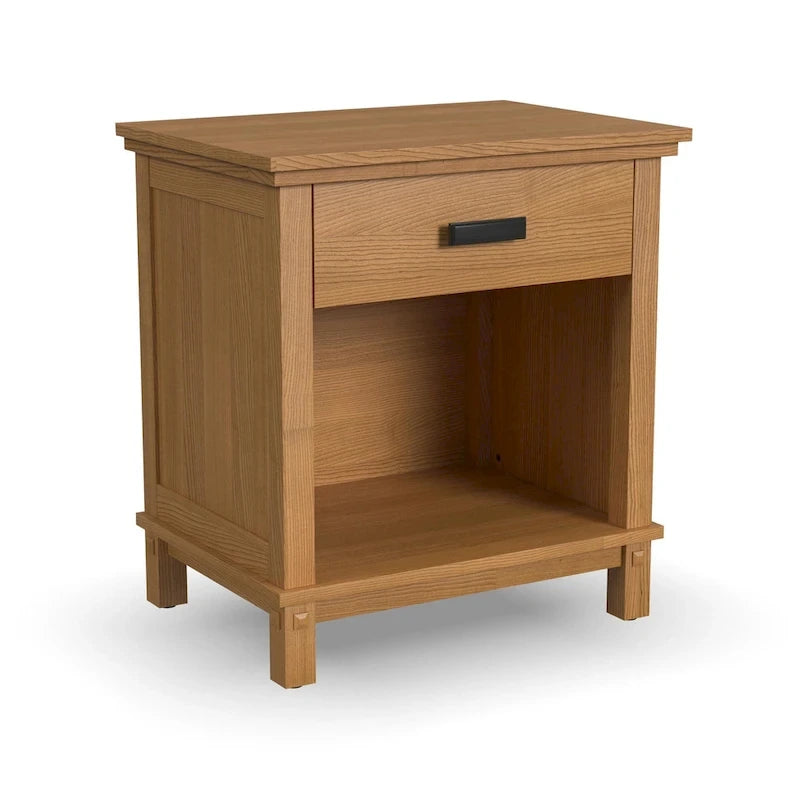Lit King en bois brun Oak Park, deux tables de chevet et commode