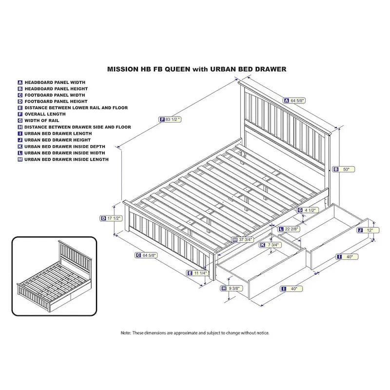 Lit plateforme Mission Queen avec 2 tiroirs de lit en noyer