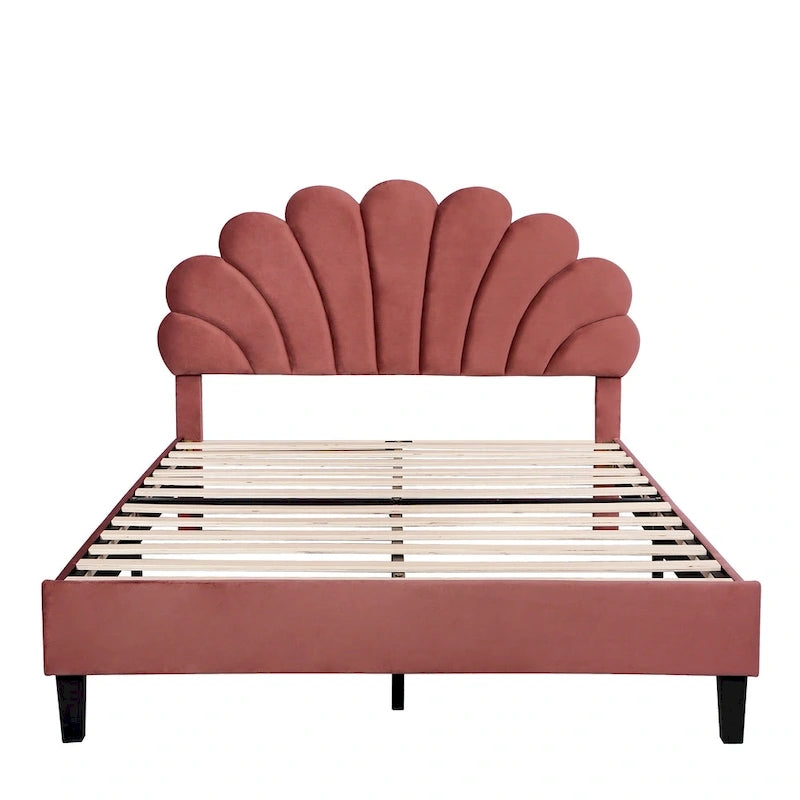 Lit plateforme capitonné avec tête de lit en velours à motif floral