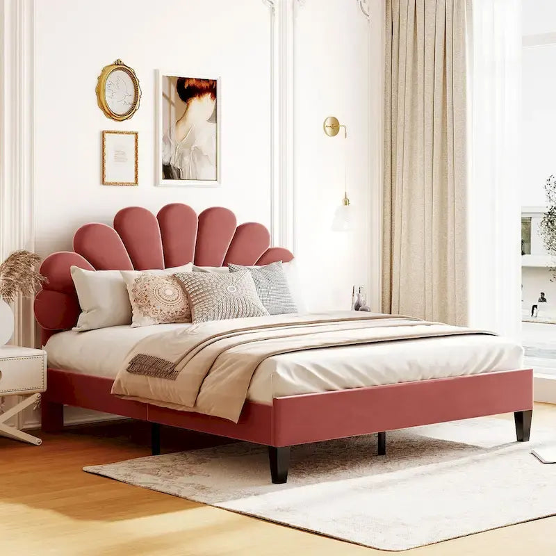 Lit plateforme capitonné avec tête de lit en velours à motif floral