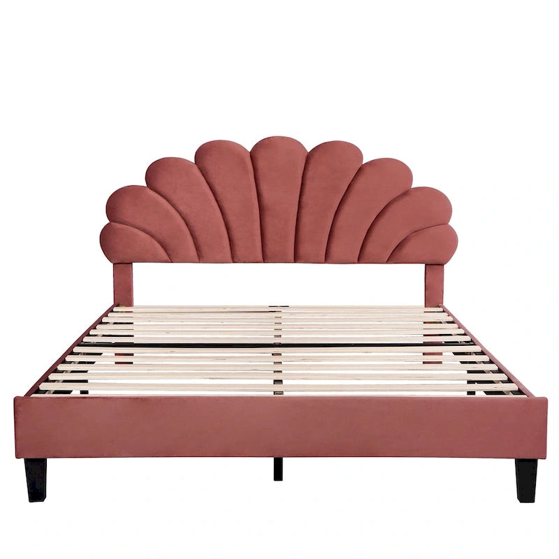 Lit plateforme capitonné avec tête de lit en velours à motif floral