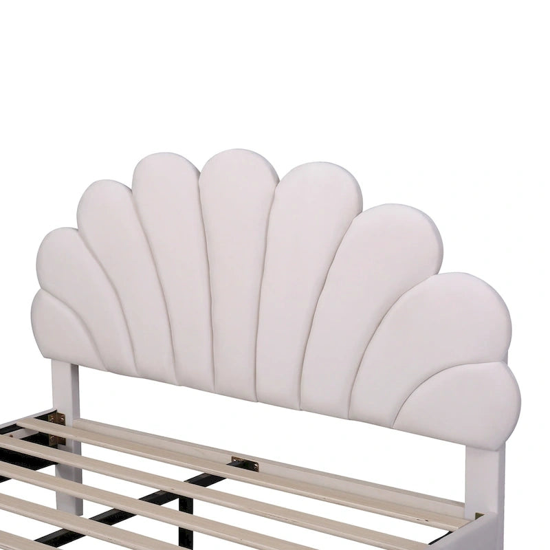 Lit plateforme capitonné avec tête de lit en velours à motif floral