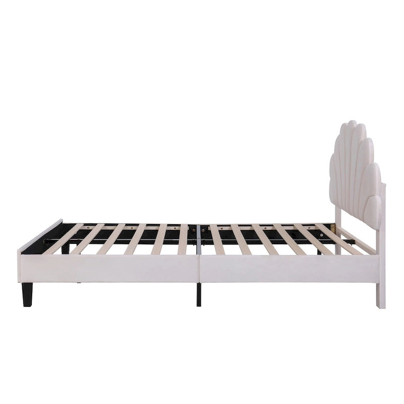 Lit plateforme capitonné avec tête de lit en velours à motif floral