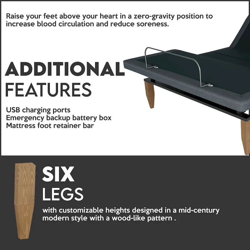 Sommier articulé Onetan avec tête de lit, télécommande sans fil, position zéro gravité, éclairage sous le lit, gris