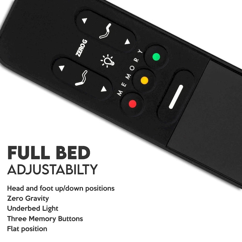 Sommier articulé Onetan avec tête de lit, télécommande sans fil, position zéro gravité, éclairage sous le lit, gris