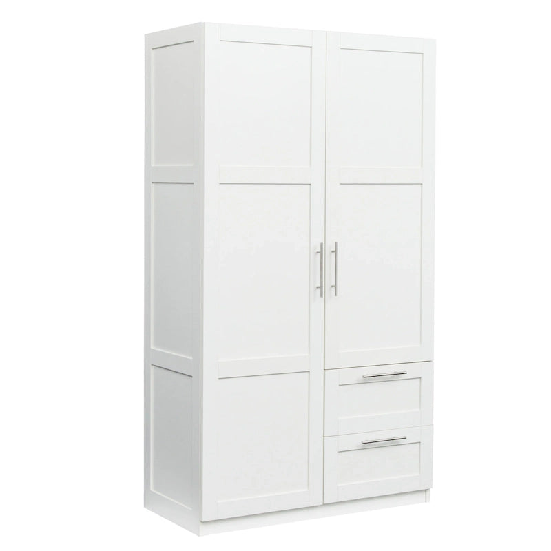 Armoire-penderie en bois blanc avec portes, tiroirs et tringle.