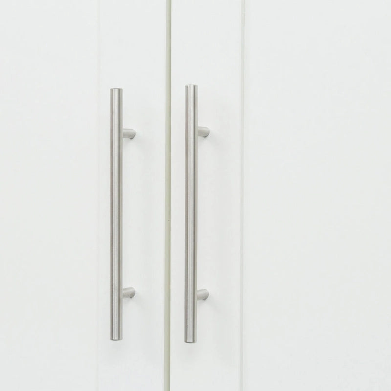 Armoire-penderie en bois blanc avec portes, tiroirs et tringle.