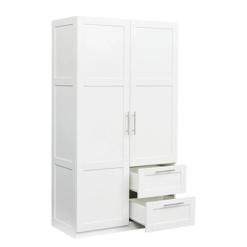 Armoire-penderie en bois blanc avec portes, tiroirs et tringle.