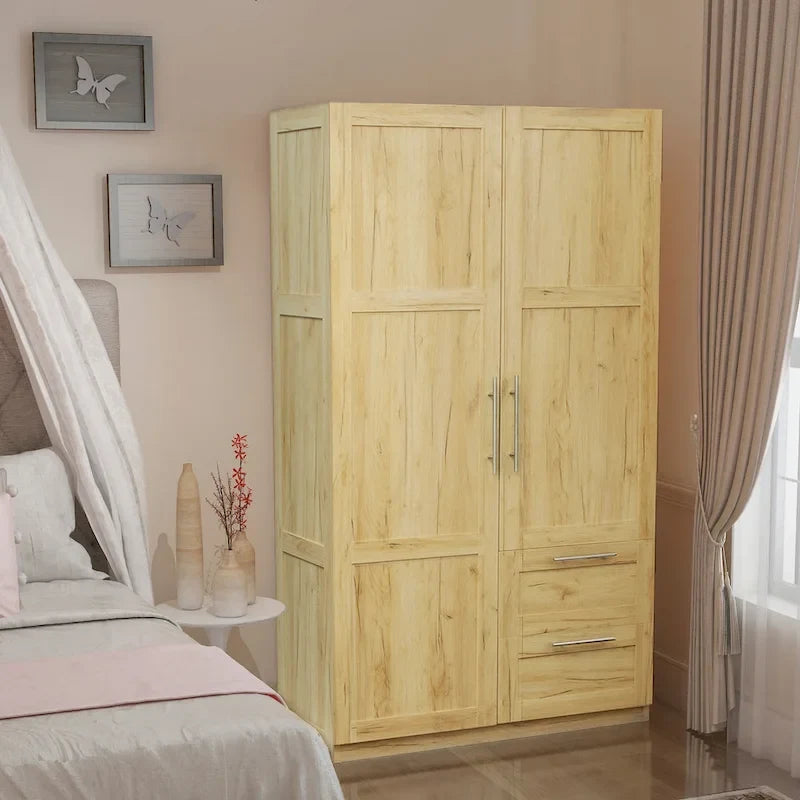 Armoire-penderie en bois blanc avec portes, tiroirs et tringle.