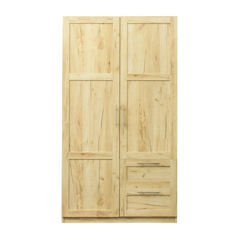Armoire-penderie en bois blanc avec portes, tiroirs et tringle.