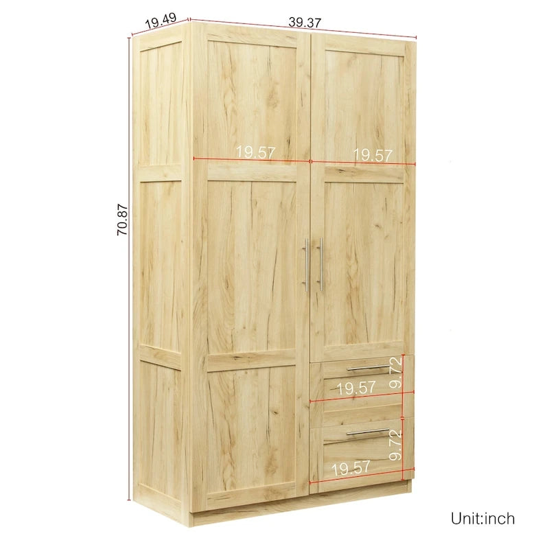 Armoire-penderie en bois blanc avec portes, tiroirs et tringle.