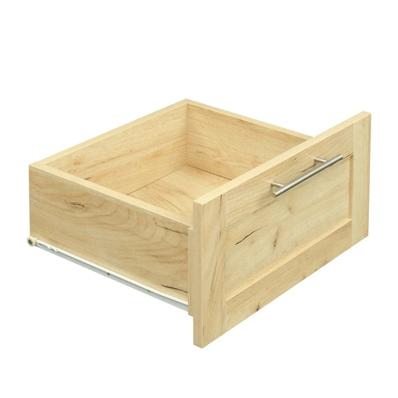 Armoire-penderie en bois blanc avec portes, tiroirs et tringle.