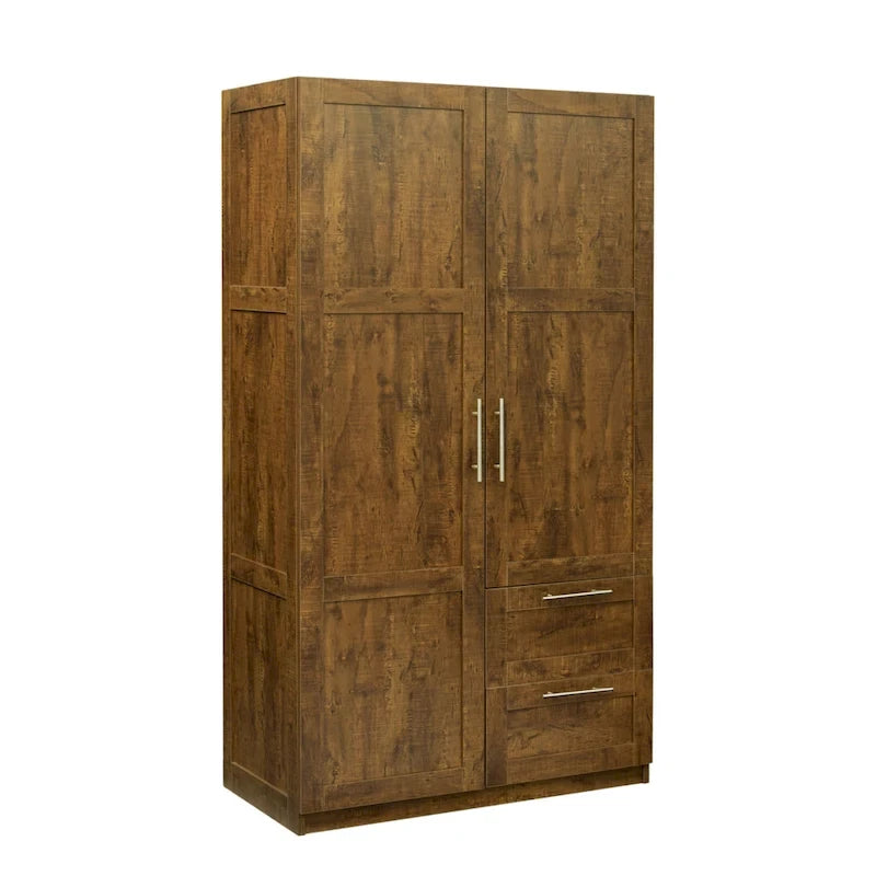 Armoire-penderie en bois blanc avec portes, tiroirs et tringle.