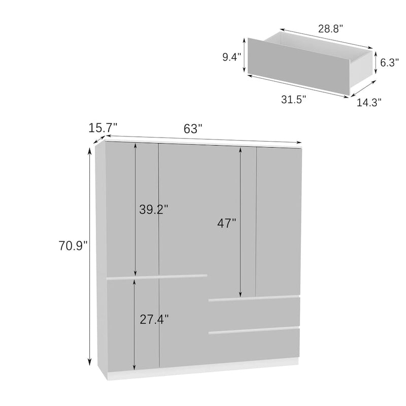 Armoire combinée avec miroir et tringle à vêtements pour chambre à coucher