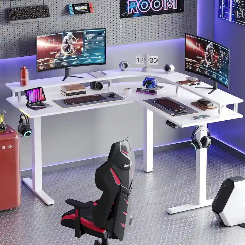 Bureau assis-debout en forme de L de 63 pouces avec support ergonomique pour écran réglable en hauteur et bureau d'angle pour jeux vidéo
