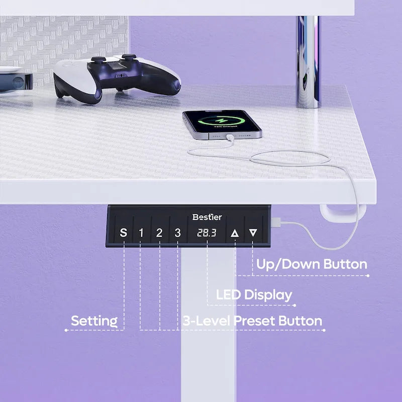 Bureau assis-debout en forme de L de 63 pouces avec support ergonomique pour écran réglable en hauteur et bureau d'angle pour jeux vidéo