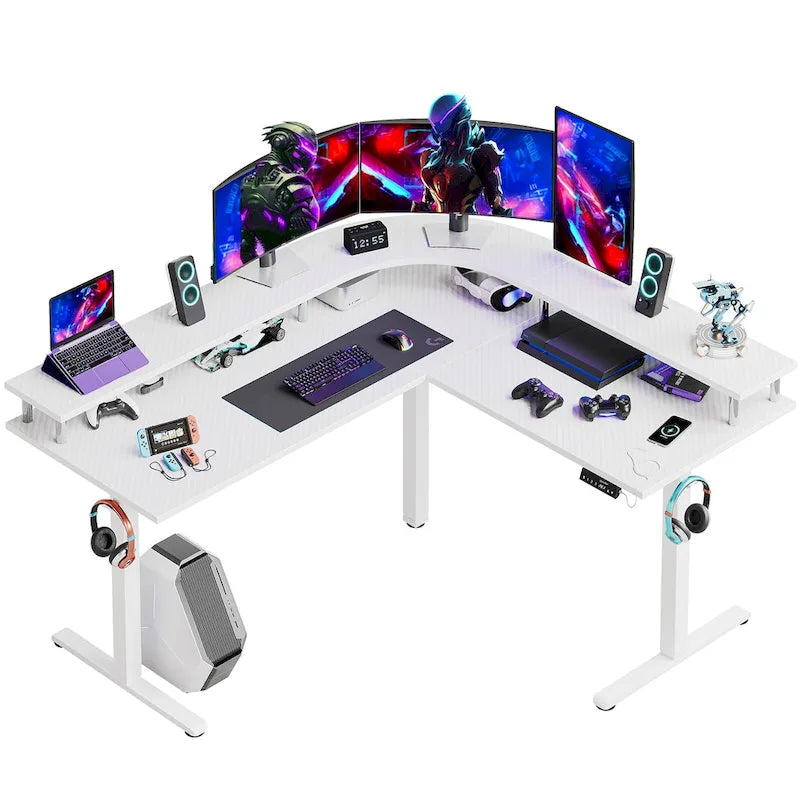 Bureau assis-debout en forme de L de 63 pouces avec support ergonomique pour écran réglable en hauteur et bureau d'angle pour jeux vidéo
