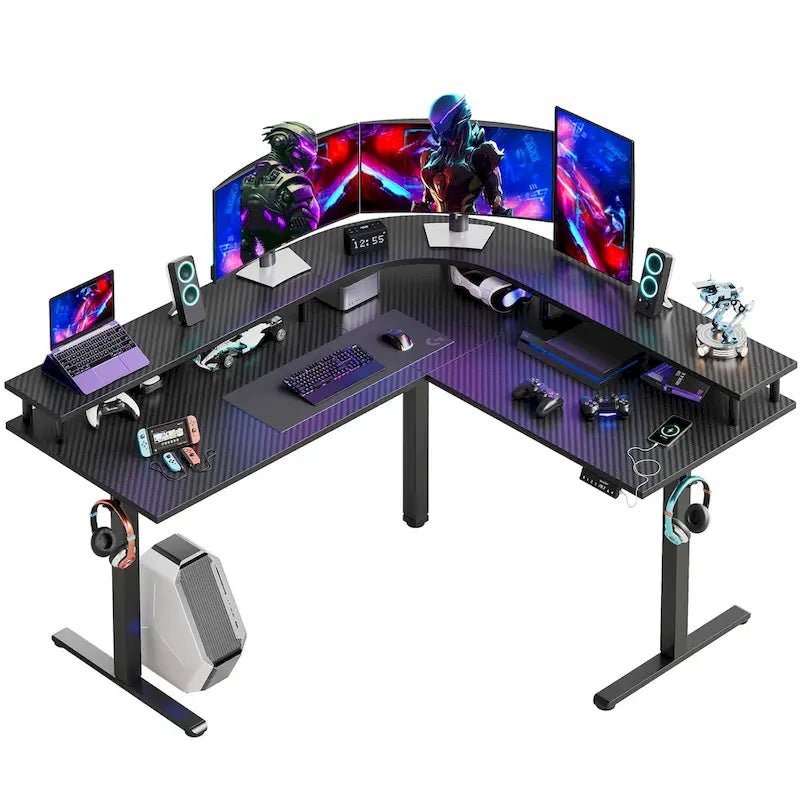 Bureau assis-debout en forme de L de 63 pouces avec support ergonomique pour écran réglable en hauteur et bureau d'angle pour jeux vidéo