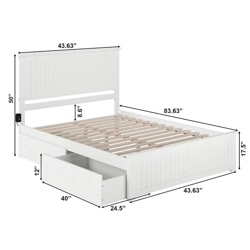 Lit plateforme Nantucket blanc Queen avec 2 tiroirs sous le lit