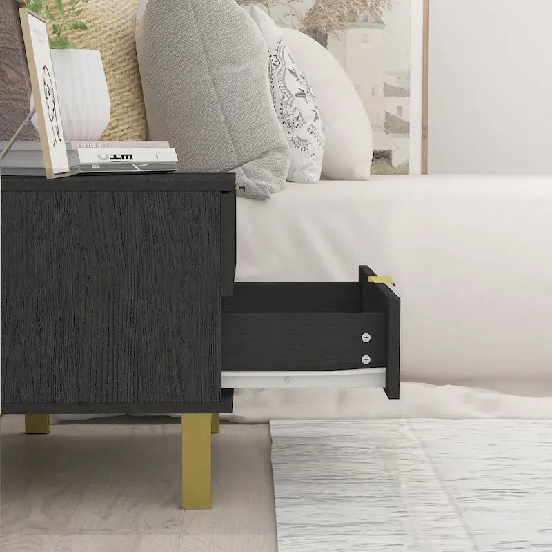 Table de chevet moderne en métal et panneaux de particules à 2 tiroirs