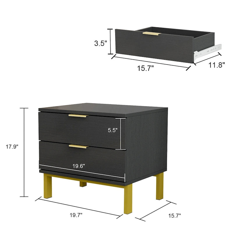 Table de chevet moderne en métal et panneaux de particules à 2 tiroirs