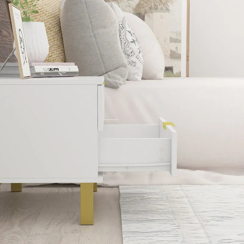 Table de chevet moderne en métal et panneaux de particules à 2 tiroirs