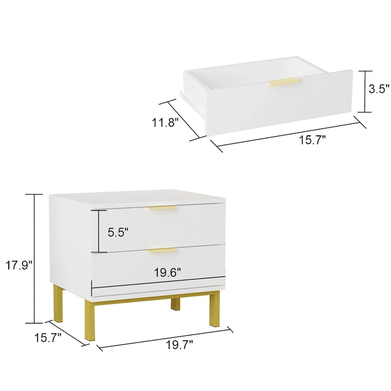 Table de chevet moderne en métal et panneaux de particules à 2 tiroirs