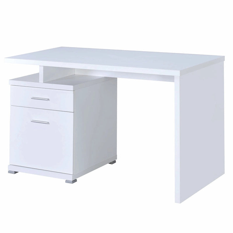 Bureau blanc moderne avec tiroirs de classement, idéal pour un espace de travail à domicile.