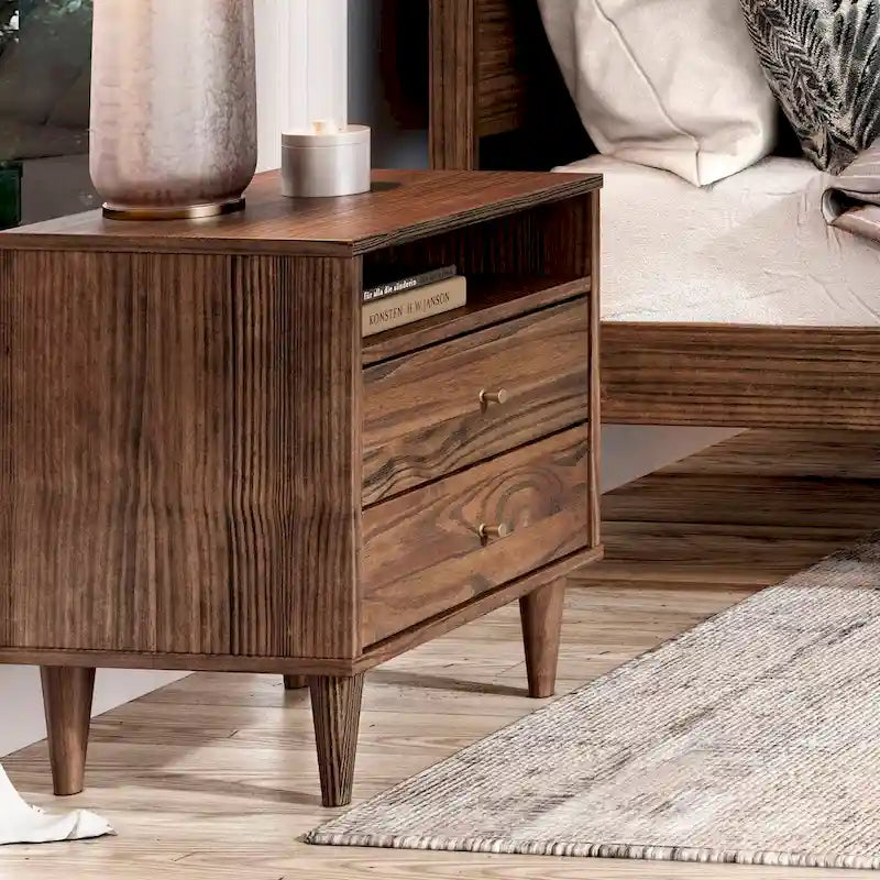 Meubles en bois veiné, table de chevet à deux tiroirs style milieu du siècle