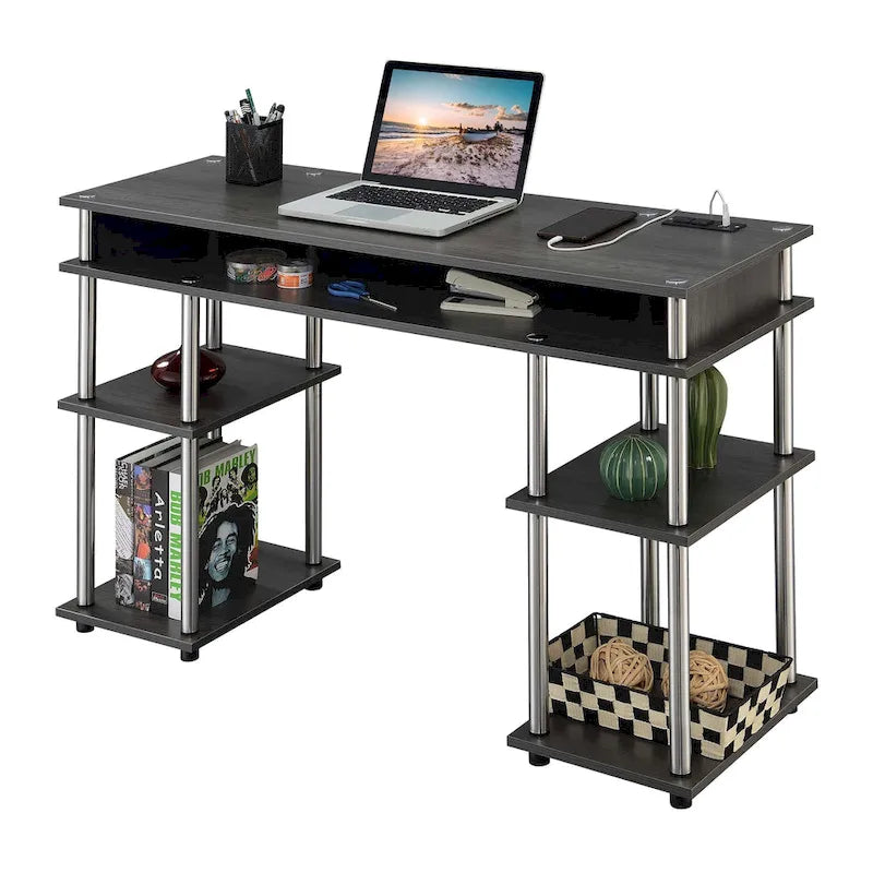 Bureau étudiant sans outils Designs2Go de Convenience Concepts avec station de recharge et étagères