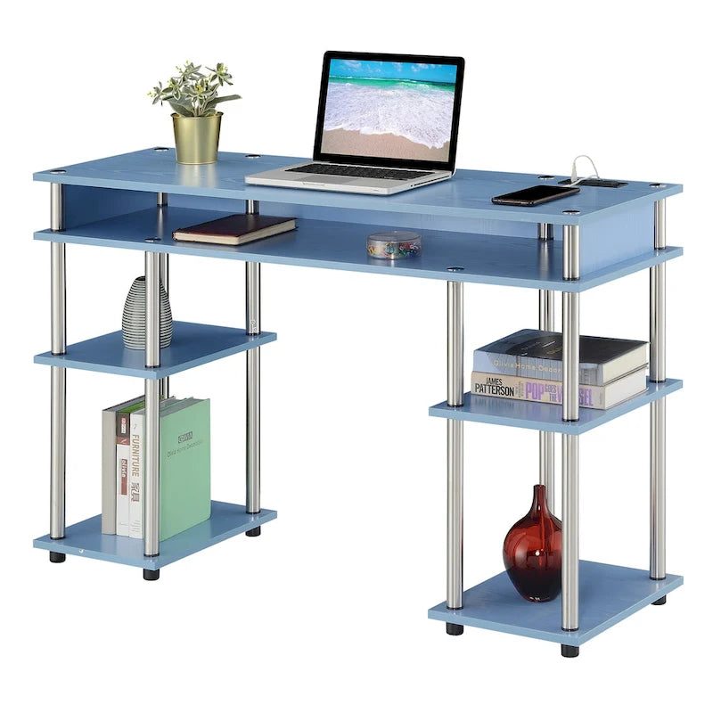 Bureau étudiant sans outils Designs2Go de Convenience Concepts avec station de recharge et étagères