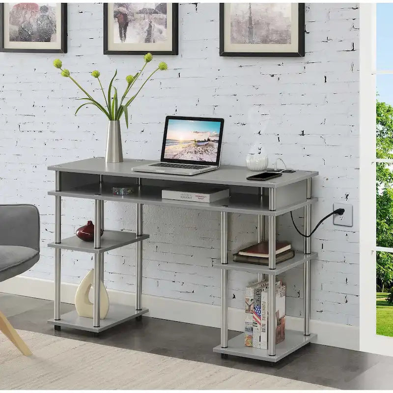 Bureau étudiant sans outils Designs2Go de Convenience Concepts avec station de recharge et étagères