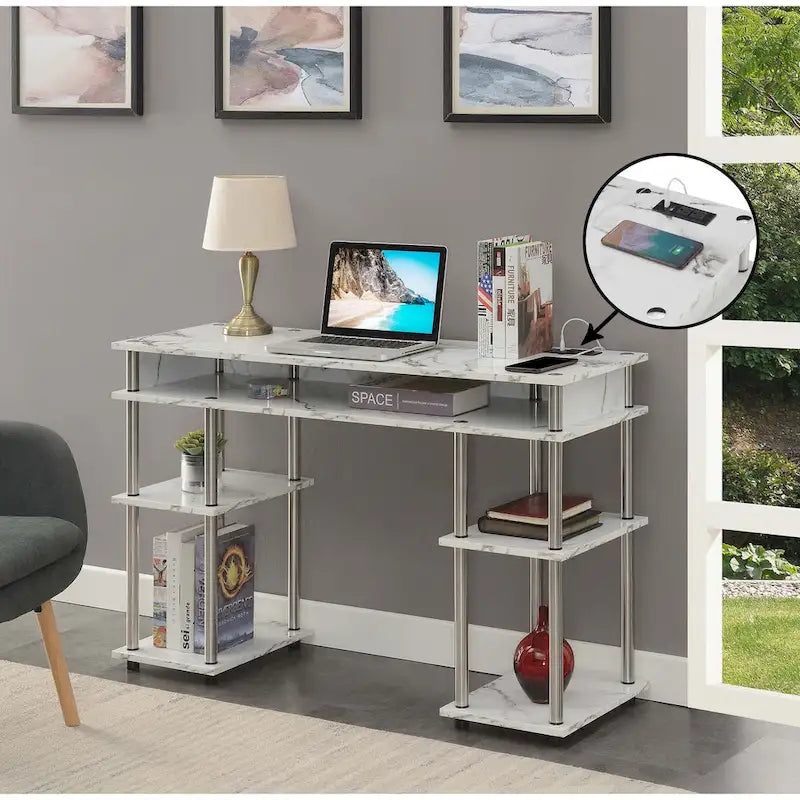 Bureau étudiant sans outils Designs2Go de Convenience Concepts avec station de recharge et étagères