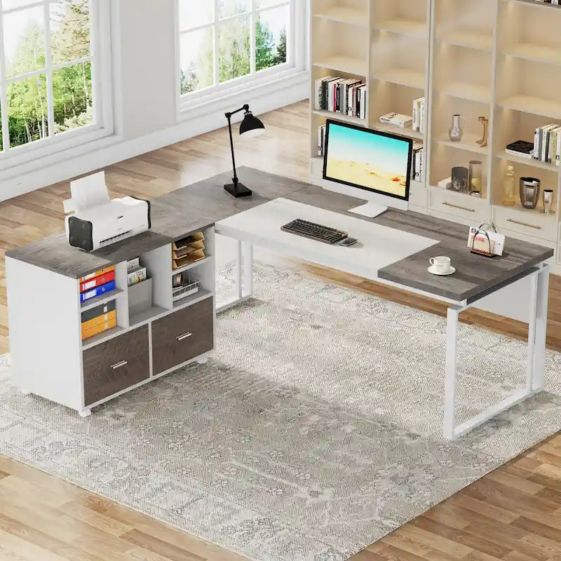 Bureau d'ordinateur en forme de L (63 pouces) avec caisson réversible et tiroirs de rangement pour bureau à domicile