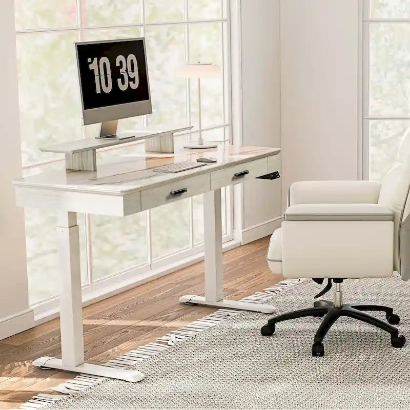 Bureau assis-debout ergonomique Eureka 55 couleur ardoise, avec 2 tiroirs et support pour écran.